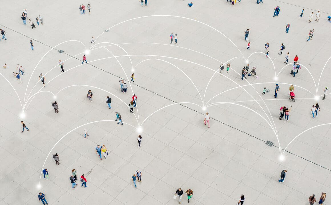 An aerial view of a crowd, with connecting lines