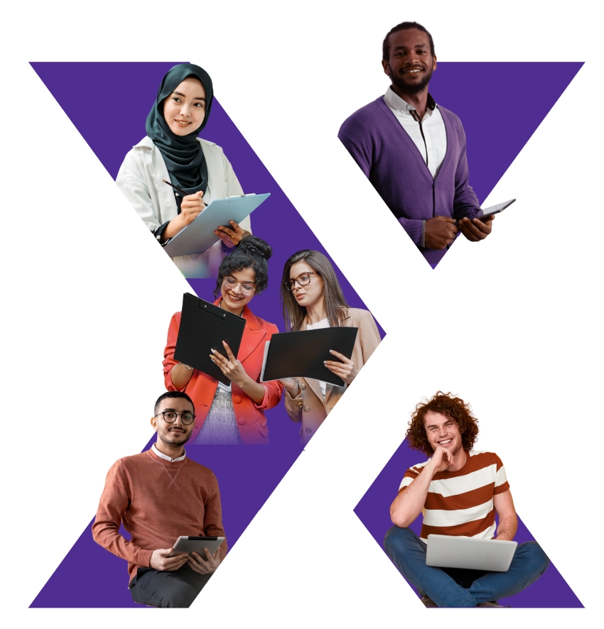 Multiple diverse employees emerge from the Maximus X mark