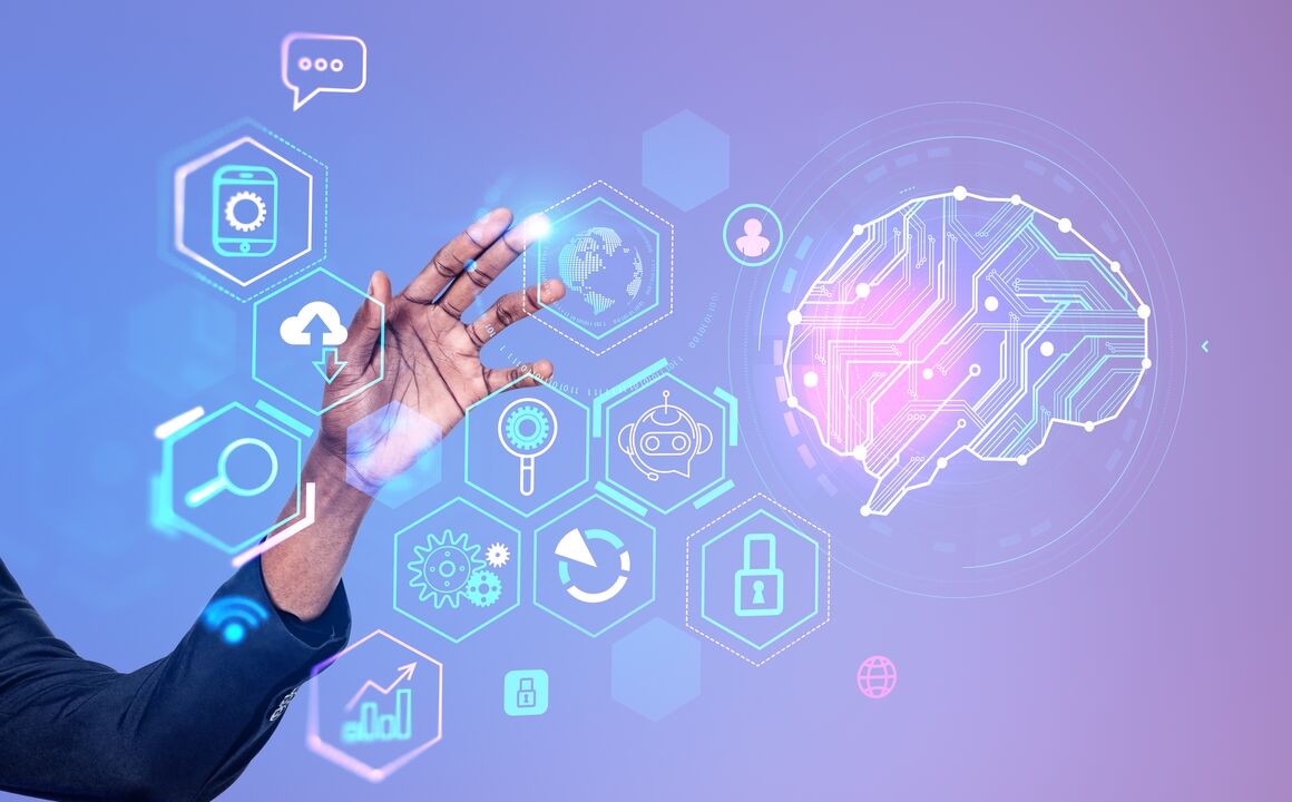 A hand interacts with floating graphic icons